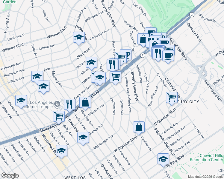 map of restaurants, bars, coffee shops, grocery stores, and more near 1827 Thayer Avenue in Los Angeles