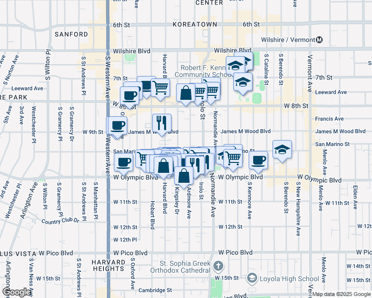 map of restaurants, bars, coffee shops, grocery stores, and more near 3279 San Marino Street in Los Angeles