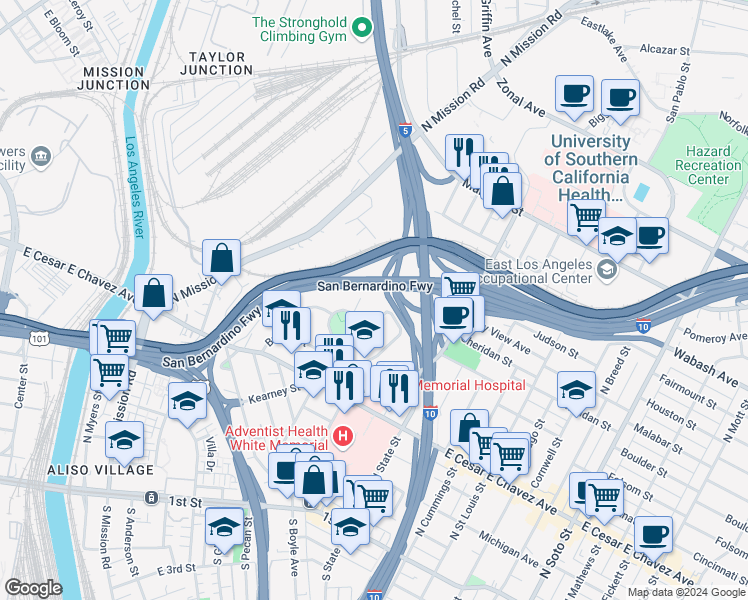 map of restaurants, bars, coffee shops, grocery stores, and more near 716 Echandia Street in Los Angeles