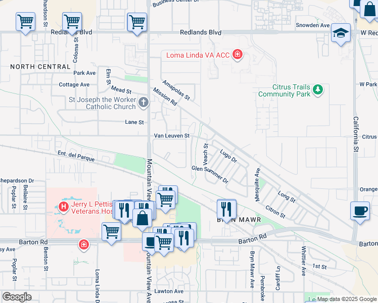 map of restaurants, bars, coffee shops, grocery stores, and more near 10962 Ragsdale Road in Loma Linda