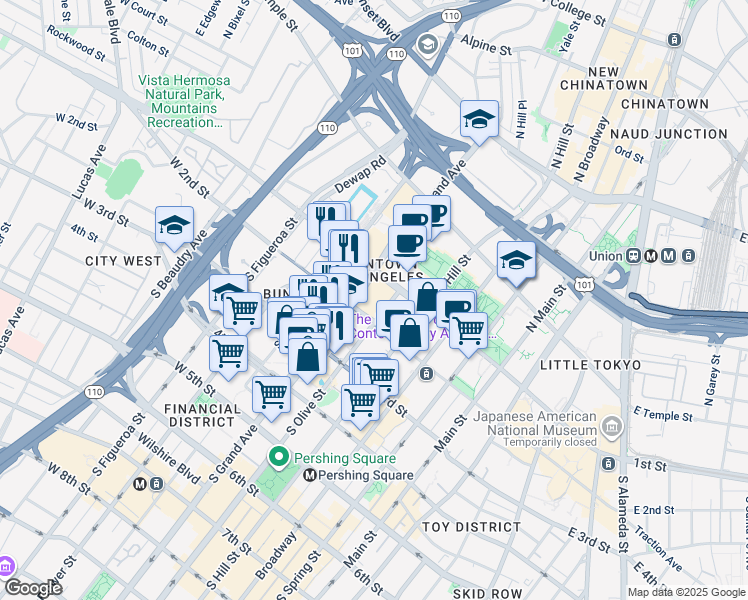map of restaurants, bars, coffee shops, grocery stores, and more near 151 South Olive Street in Los Angeles