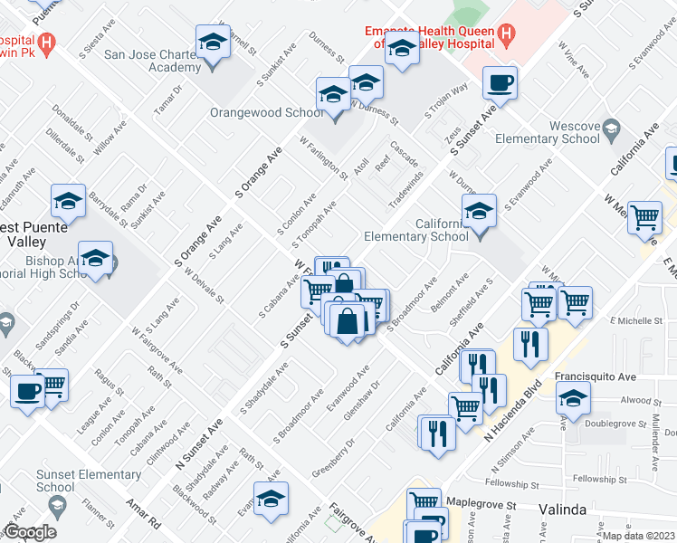 map of restaurants, bars, coffee shops, grocery stores, and more near 1644 South Cabana Avenue in West Covina