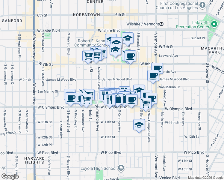 map of restaurants, bars, coffee shops, grocery stores, and more near 936 South Fedora Street in Los Angeles
