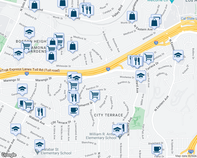 map of restaurants, bars, coffee shops, grocery stores, and more near 3717 Woolwine Drive in Los Angeles