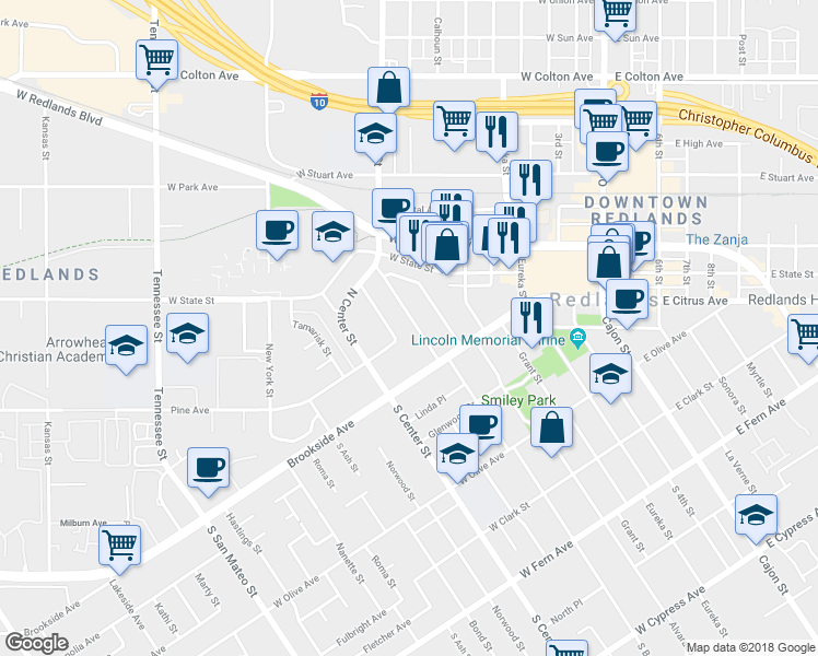 map of restaurants, bars, coffee shops, grocery stores, and more near 33 North Buena Vista Street in Redlands