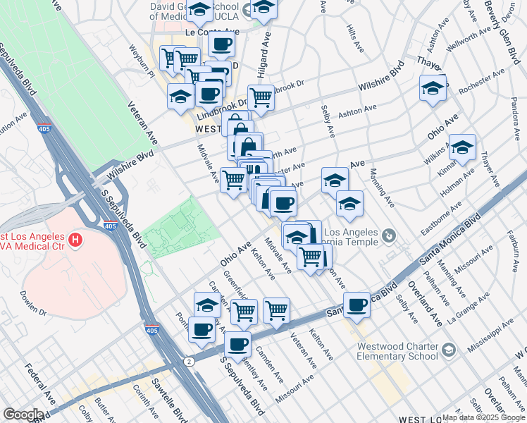 map of restaurants, bars, coffee shops, grocery stores, and more near 1435 Westwood Boulevard in Los Angeles