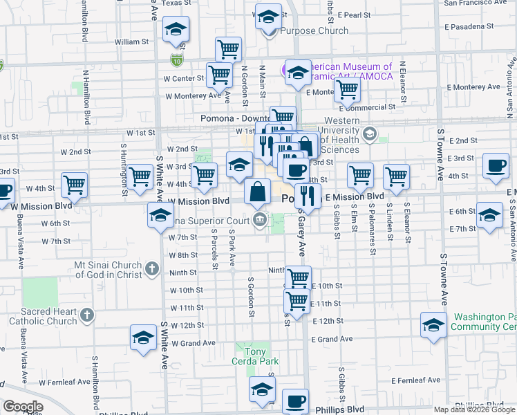 map of restaurants, bars, coffee shops, grocery stores, and more near 350 West Mission Boulevard in Pomona