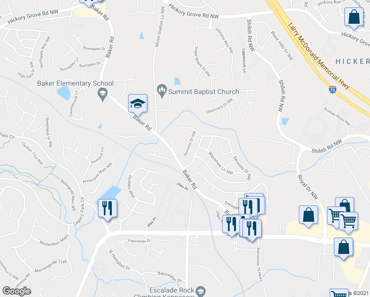 map of restaurants, bars, coffee shops, grocery stores, and more near 3845 Sunview Drive Northwest in Acworth