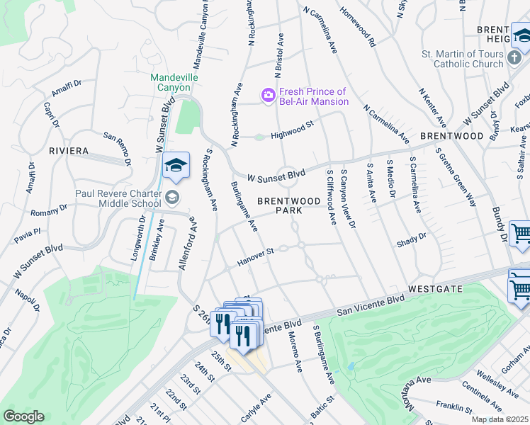 map of restaurants, bars, coffee shops, grocery stores, and more near 250 South Rockingham Avenue in Los Angeles