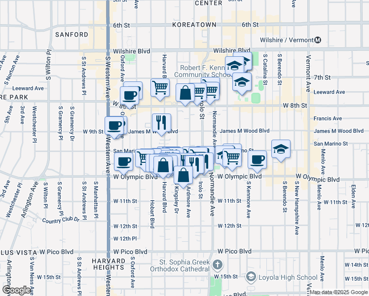map of restaurants, bars, coffee shops, grocery stores, and more near 939 South Ardmore Avenue in Los Angeles