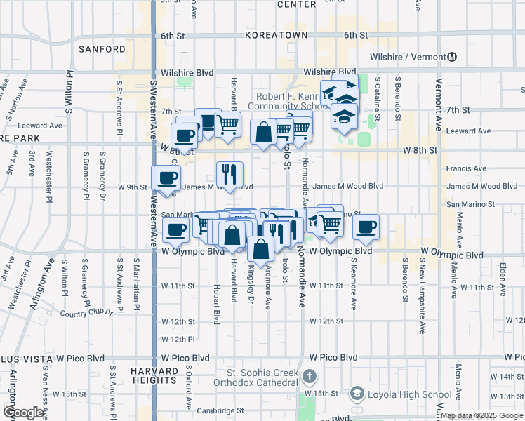 map of restaurants, bars, coffee shops, grocery stores, and more near 939 South Ardmore Avenue in Los Angeles