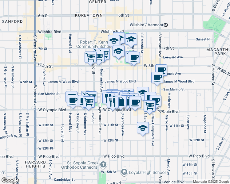 map of restaurants, bars, coffee shops, grocery stores, and more near 1053 South Fedora Street in Los Angeles