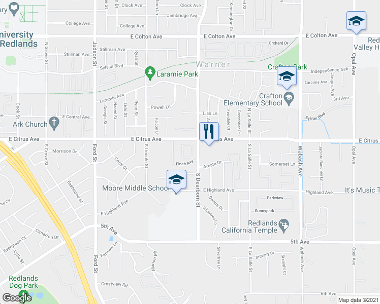map of restaurants, bars, coffee shops, grocery stores, and more near 16 Dearborn Circle in Redlands
