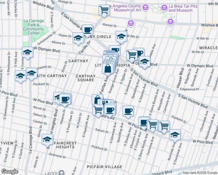 map of restaurants, bars, coffee shops, grocery stores, and more near 1134 South Fairfax Avenue in Los Angeles