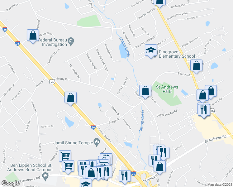 map of restaurants, bars, coffee shops, grocery stores, and more near 101 Beatty Downs Road in Columbia