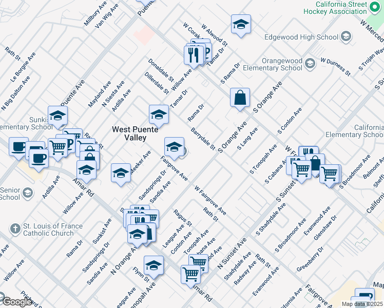 map of restaurants, bars, coffee shops, grocery stores, and more near 1303 North Orange Avenue in La Puente