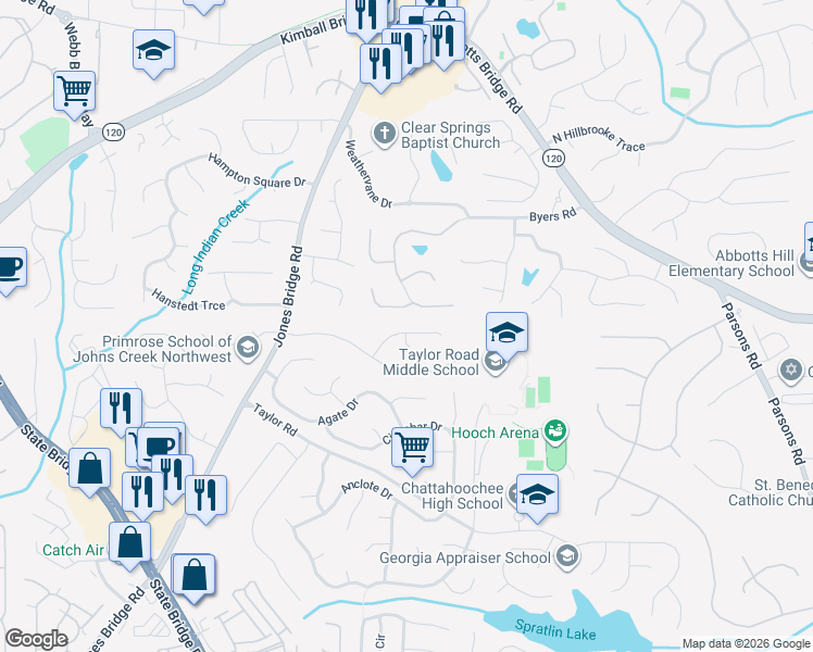 map of restaurants, bars, coffee shops, grocery stores, and more near 200 Pine Bridge Trail in Alpharetta