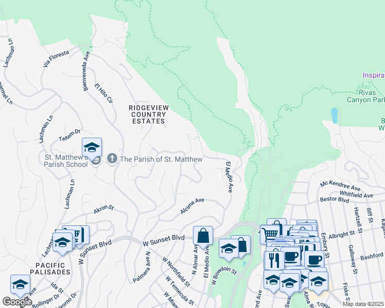 map of restaurants, bars, coffee shops, grocery stores, and more near 1210 Las Lomas Place in Los Angeles
