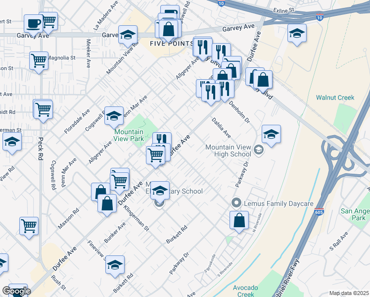 map of restaurants, bars, coffee shops, grocery stores, and more near 2724 Durfee Avenue in El Monte