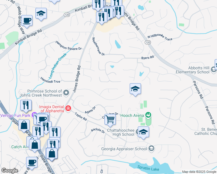 map of restaurants, bars, coffee shops, grocery stores, and more near 200 Pine Bridge Trail in Alpharetta
