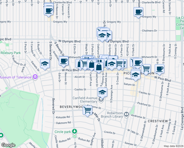 map of restaurants, bars, coffee shops, grocery stores, and more near 1418 Cardiff Avenue in Los Angeles