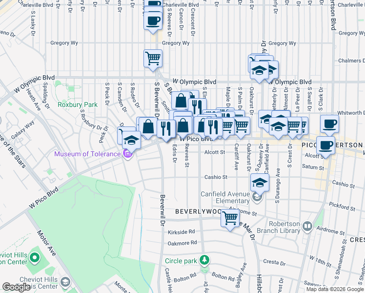 map of restaurants, bars, coffee shops, grocery stores, and more near in Los Angeles