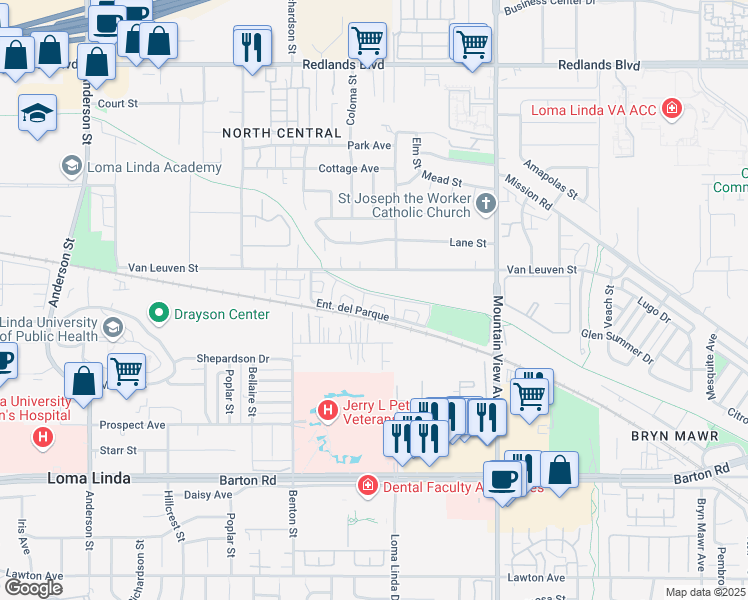 map of restaurants, bars, coffee shops, grocery stores, and more near 25446 Sonora Loop in Loma Linda