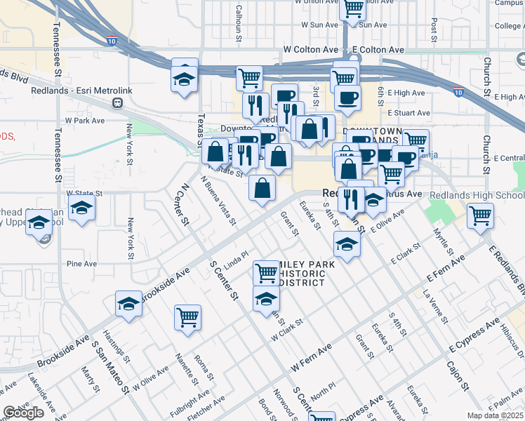 map of restaurants, bars, coffee shops, grocery stores, and more near 1 Kendall Street in Redlands