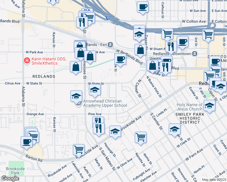 map of restaurants, bars, coffee shops, grocery stores, and more near 221 New York Street in Redlands