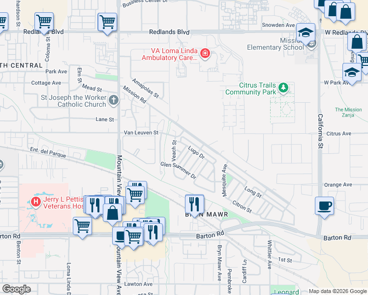 map of restaurants, bars, coffee shops, grocery stores, and more near 25938 Bybee Lane in Loma Linda