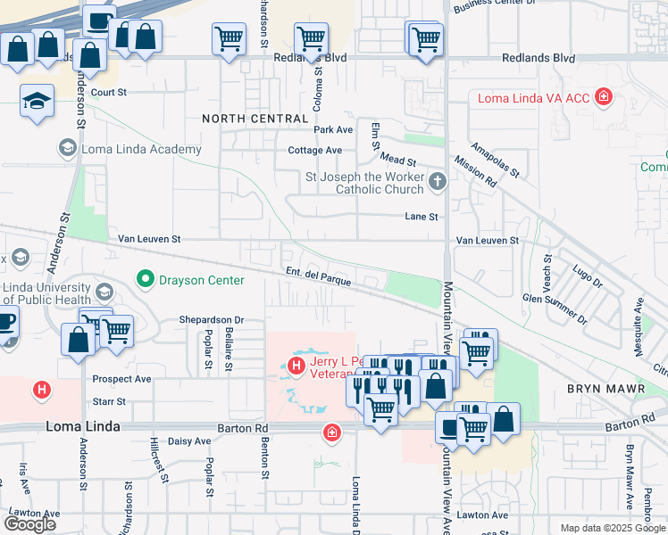 map of restaurants, bars, coffee shops, grocery stores, and more near 25446 Sonora Loop in Loma Linda