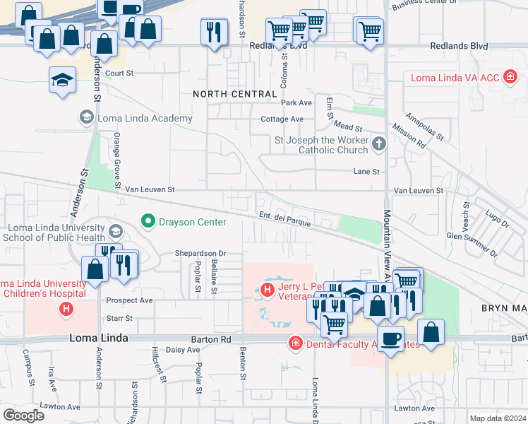 map of restaurants, bars, coffee shops, grocery stores, and more near 25368 Durango Loop in Loma Linda