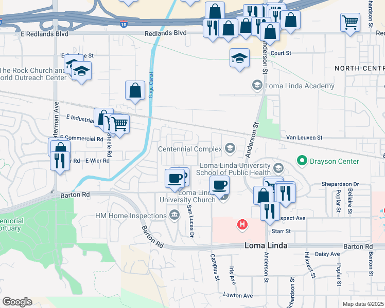 map of restaurants, bars, coffee shops, grocery stores, and more near 10972 Evans Street in Loma Linda