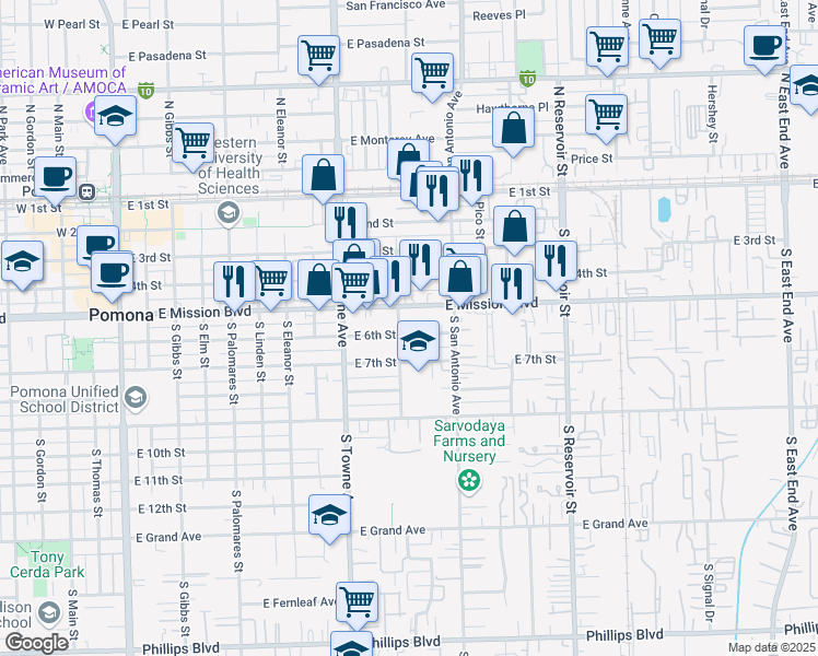 map of restaurants, bars, coffee shops, grocery stores, and more near 944 East 6th Street in Pomona