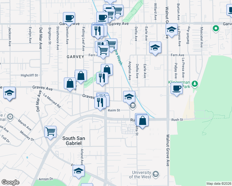 map of restaurants, bars, coffee shops, grocery stores, and more near 2220 Gladys Avenue in Rosemead