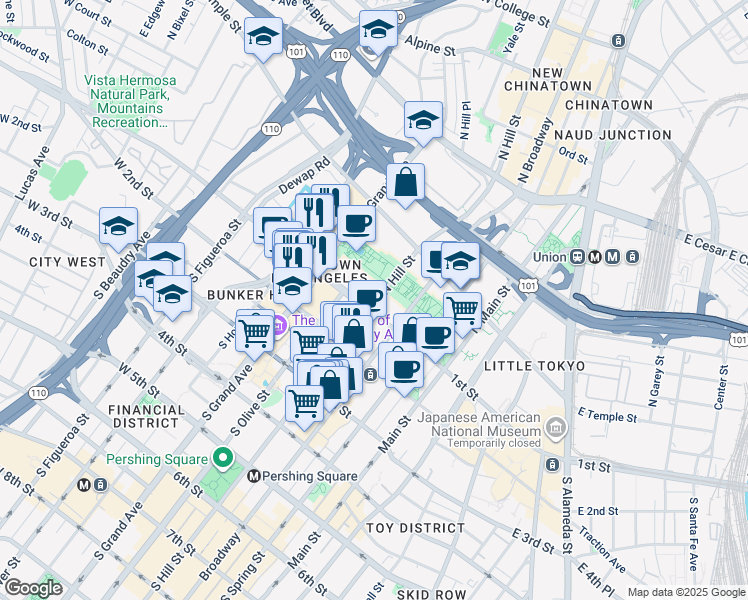 map of restaurants, bars, coffee shops, grocery stores, and more near 100-136 North Hill Street in Los Angeles