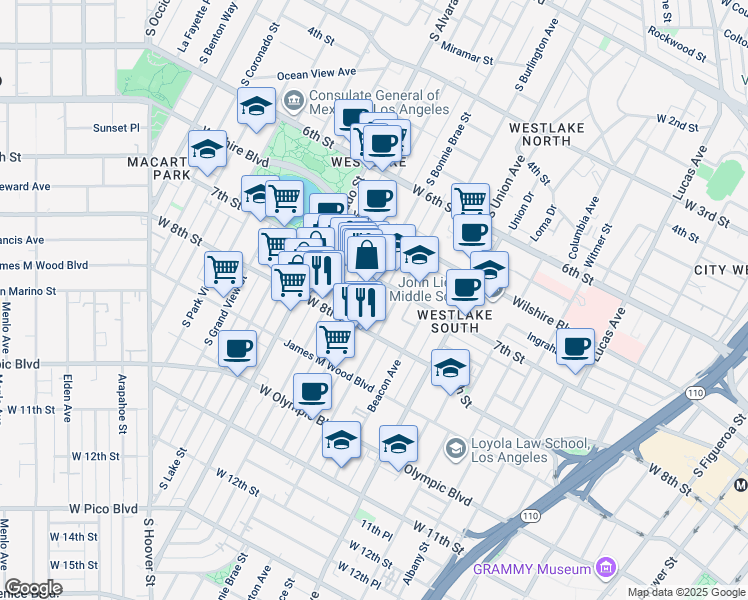 map of restaurants, bars, coffee shops, grocery stores, and more near in Los Angeles
