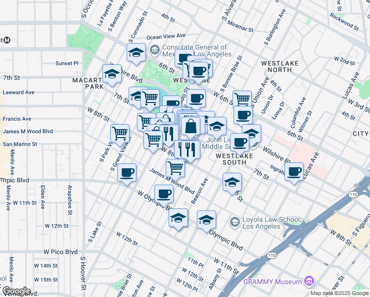 map of restaurants, bars, coffee shops, grocery stores, and more near in Los Angeles