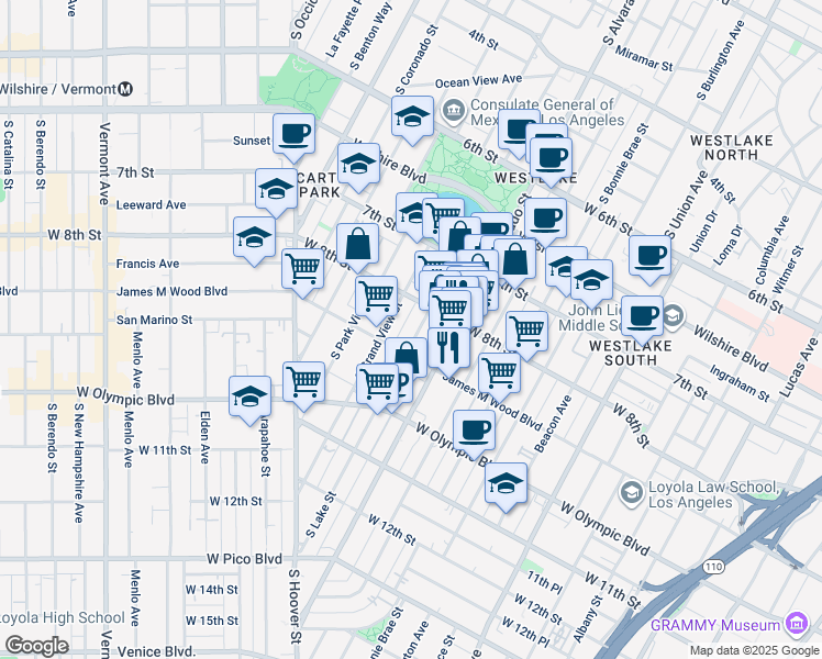 map of restaurants, bars, coffee shops, grocery stores, and more near 830 South Lake Street in Los Angeles