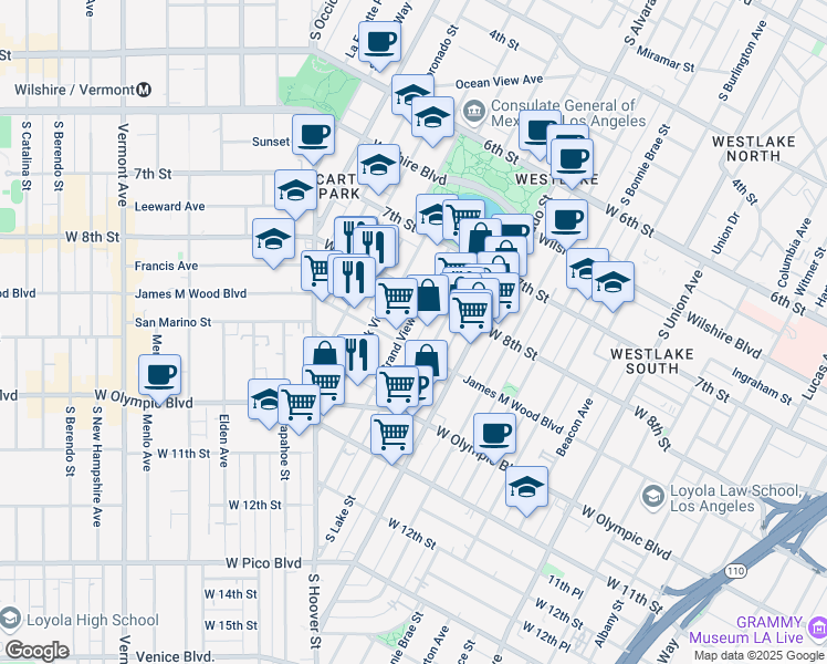 map of restaurants, bars, coffee shops, grocery stores, and more near 2301 James M Wood Boulevard in Los Angeles
