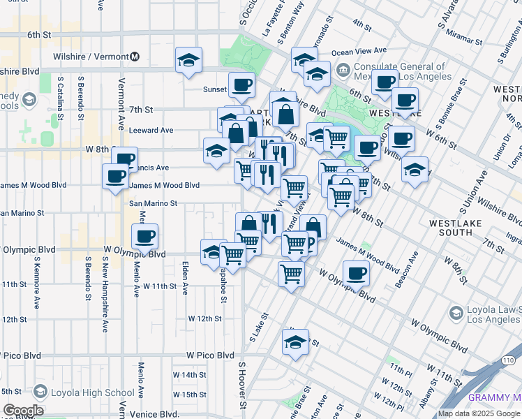 map of restaurants, bars, coffee shops, grocery stores, and more near 917 South Park View Street in Los Angeles