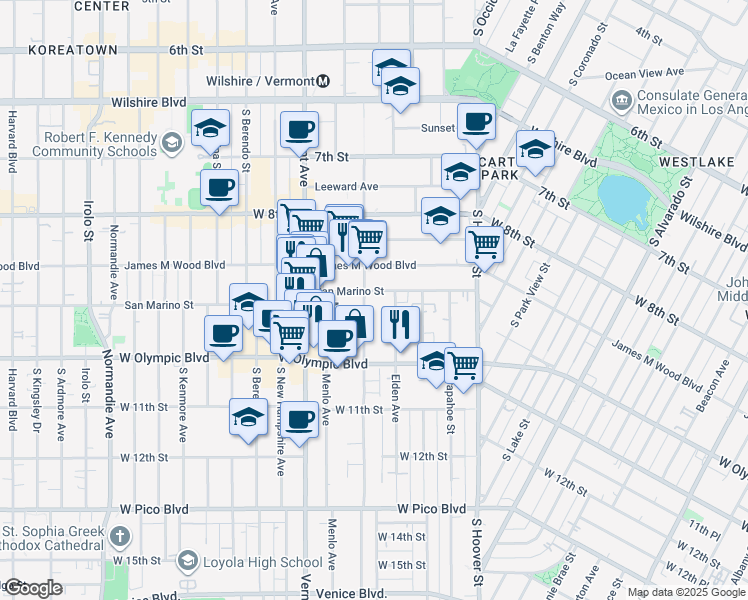 map of restaurants, bars, coffee shops, grocery stores, and more near 936 South Westmoreland Avenue in Los Angeles