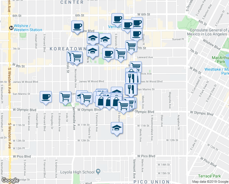 map of restaurants, bars, coffee shops, grocery stores, and more near 2992 San Marino Street in Los Angeles