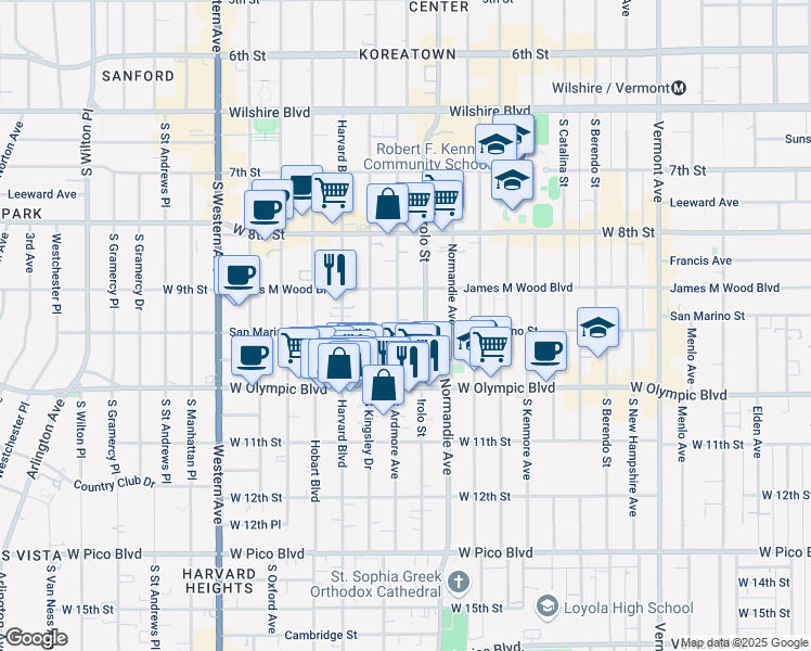 map of restaurants, bars, coffee shops, grocery stores, and more near 939 South Ardmore Avenue in Los Angeles