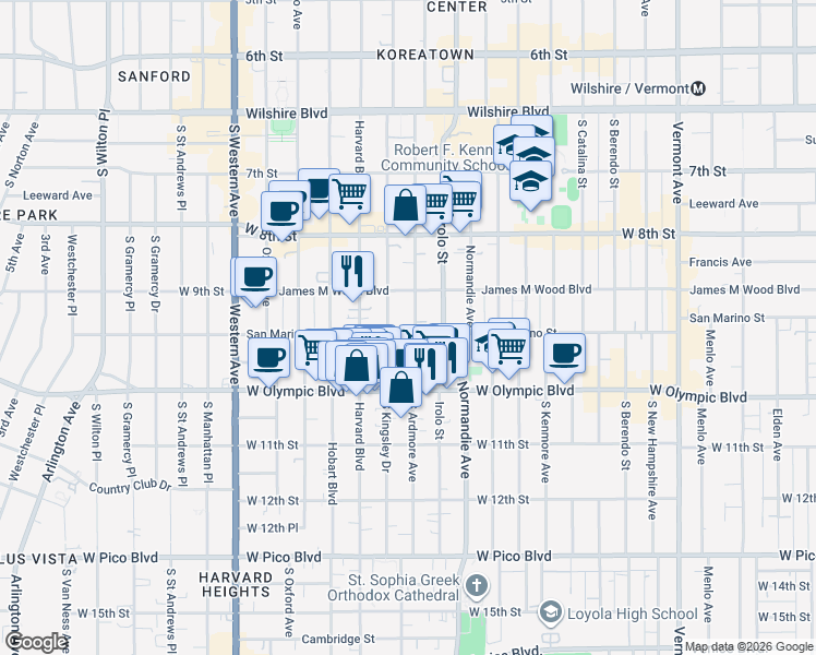 map of restaurants, bars, coffee shops, grocery stores, and more near 939 South Ardmore Avenue in Los Angeles
