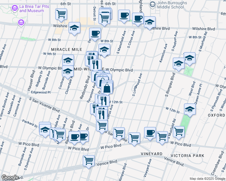 map of restaurants, bars, coffee shops, grocery stores, and more near 1119 South Citrus Avenue in Los Angeles