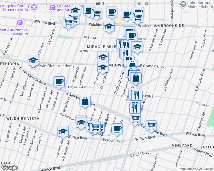 map of restaurants, bars, coffee shops, grocery stores, and more near 1104 South Cloverdale Avenue in Los Angeles