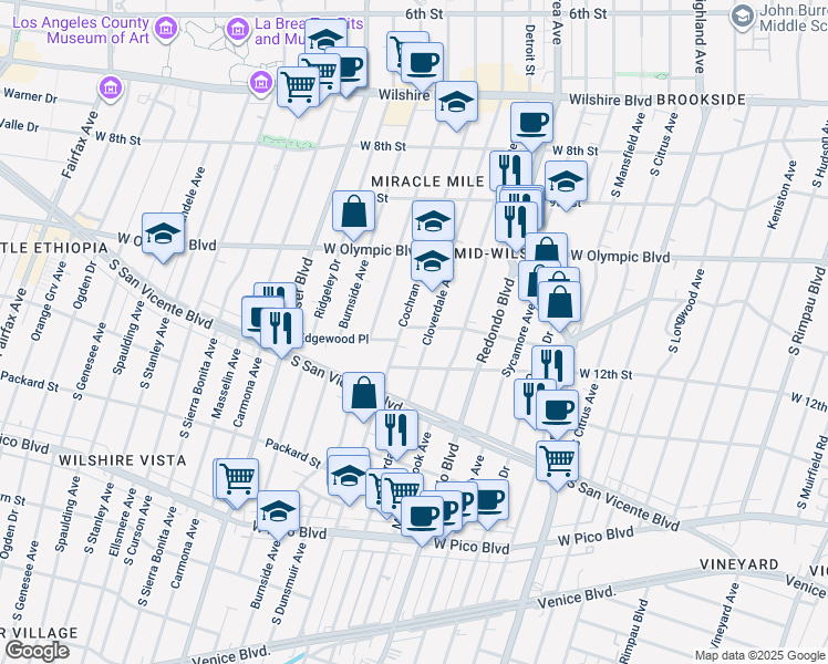 map of restaurants, bars, coffee shops, grocery stores, and more near 1136 South Cochran Avenue in Los Angeles