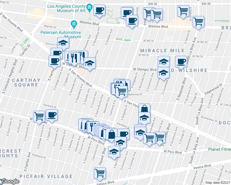 map of restaurants, bars, coffee shops, grocery stores, and more near 5669 West San Vicente Boulevard in Los Angeles