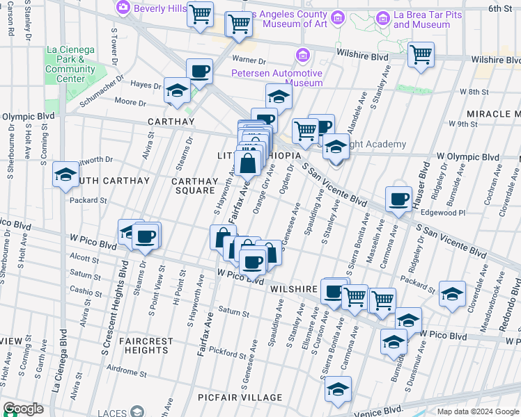 map of restaurants, bars, coffee shops, grocery stores, and more near 1209 South Ogden Drive in Los Angeles